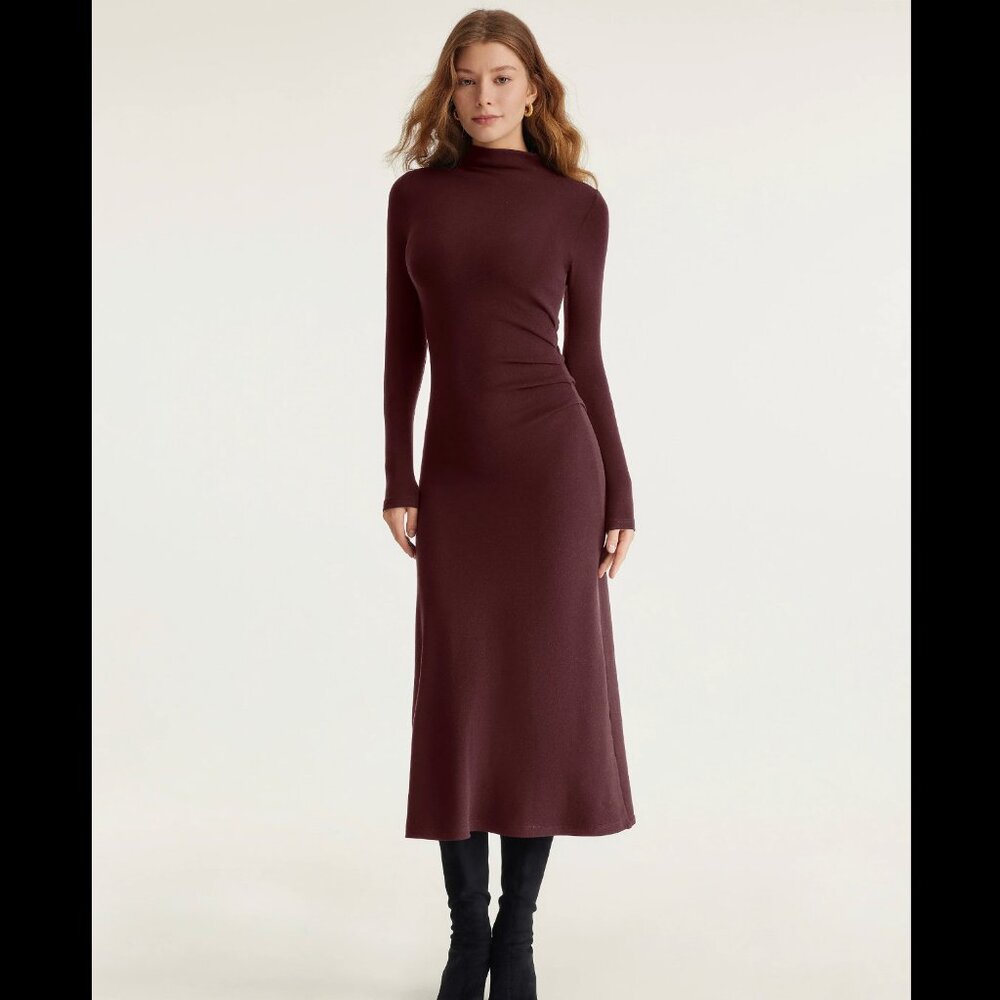 NWT OLG ProWarm Long Sleeves Mockneck Tucks Midi Dress - Regular / Ruby / S